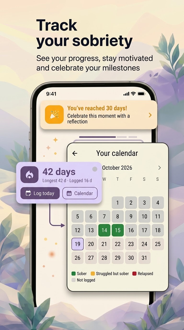 Sobriety tracking screen with calendar