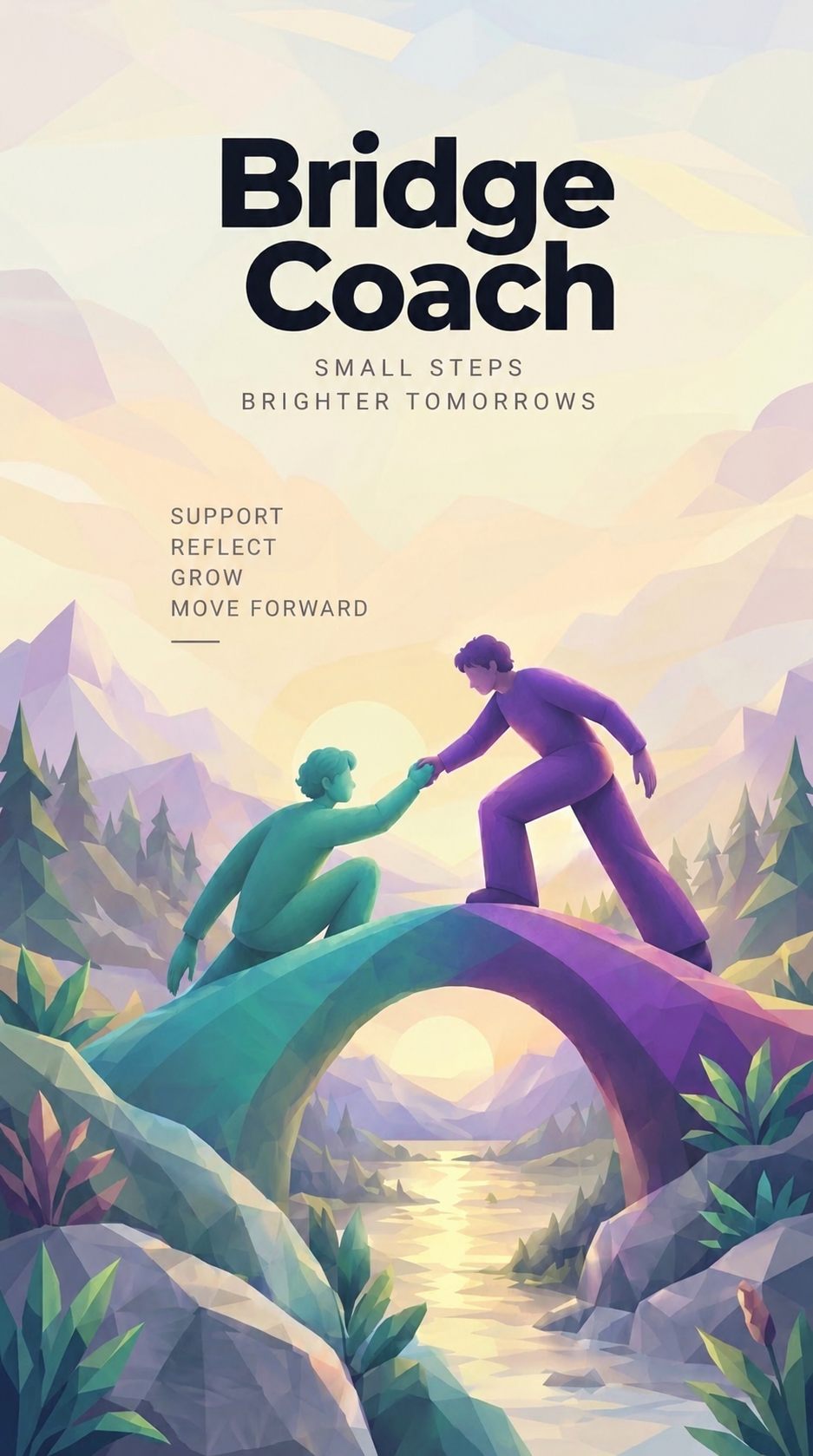 Illustration: two people joining hands on a bridge